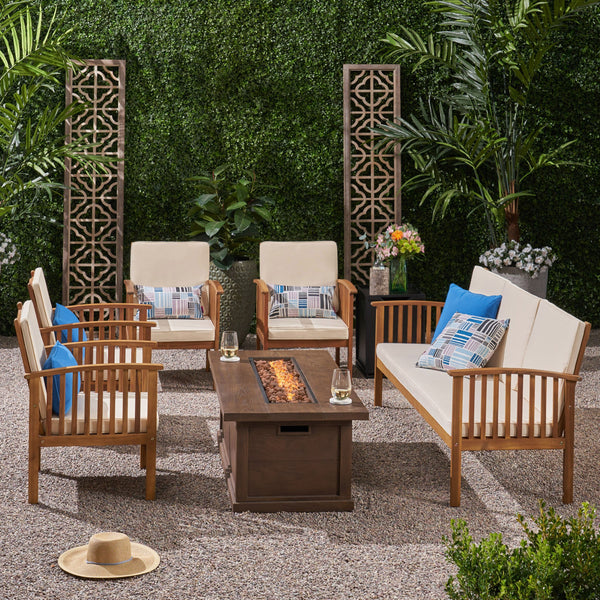 Outdoor 7 Piece Acacia Wood Chat Set with Fire Pit - NH002803
