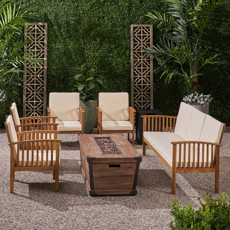 Outdoor 5 Piece Acacia Wood Conversational Set with Cushions and Fire Pit - NH128703