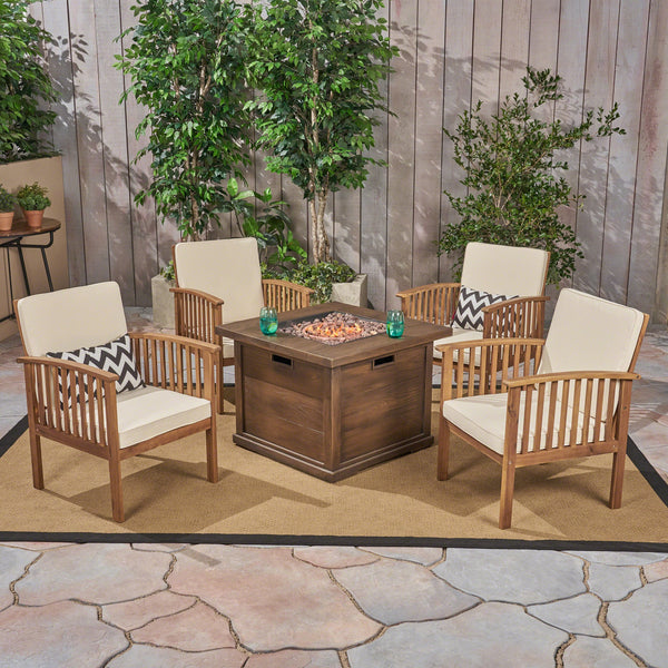 Outdoor 4-Seater Acacia Wood Club Chairs with Firepit - NH090603