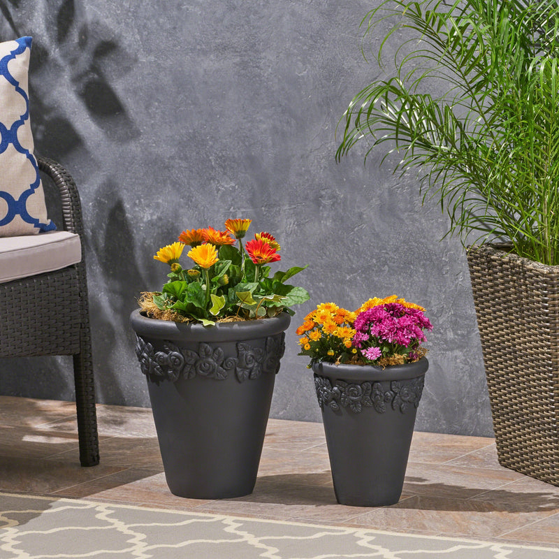 Garden Planter Pots, Lipped Edges, Tapered, Botanical Accents (Set of 2) - NH634703