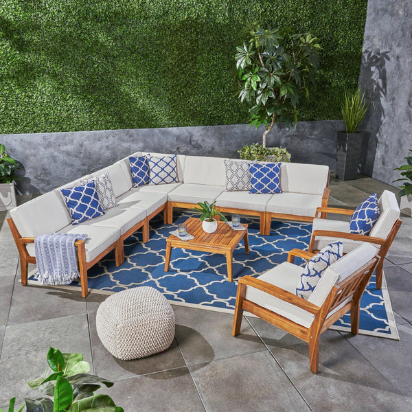 Outdoor Acacia Wood 9 Seater Sectional Sofa and Club Chair Set with Coffee Table - NH755603