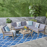 Outdoor Acacia Wood 6 Seater Sectional Sofa and Club Chair Set with Coffee Table - NH345603