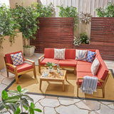Outdoor Acacia Wood 6 Seater Sectional Sofa and Club Chair Set with Coffee Table - NH345603