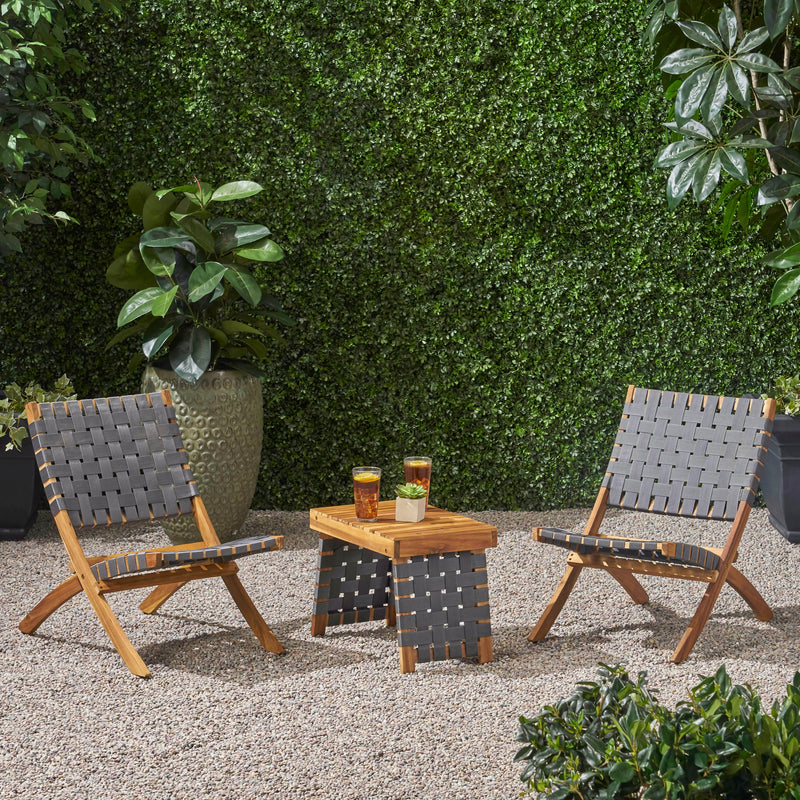 Outdoor Foldable 2 Seater Acacia Wood Chat Set with Strapping Belt Accents, Brown and Gray - NH683903