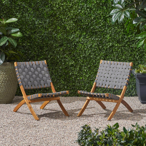 Outdoor Acacia Wood Foldable Chairs (Set of 2), Brown Patina and Gray Straps - NH197803