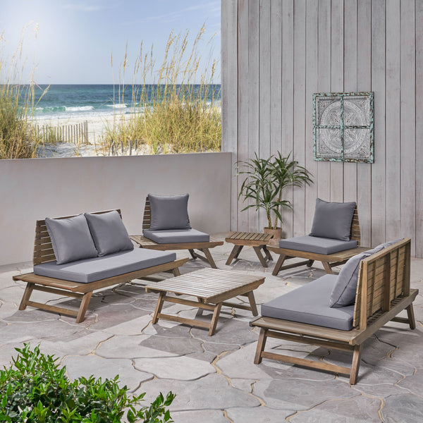 Outdoor Acacia Wood 6 Seater Chat Set with Side Table and Coffee Table - NH366903