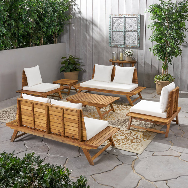 Outdoor Acacia Wood 6 Seater Chat Set with Side Table and Coffee Table - NH966903