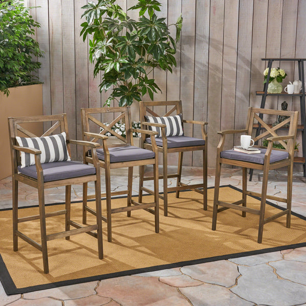 Outdoor Rustic Acacia Wood Barstools with Cushions (Set of 4) - NH540603