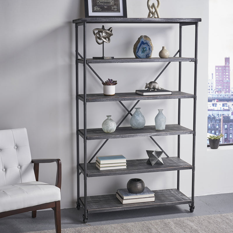 Industrial Design 5-Shelf Etagere Bookcase On Wheels - NH732903