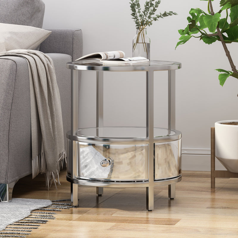 Modern Round End Table with Tempered Glass Drawers and Stainless Steel Frame, Silver - NH368803
