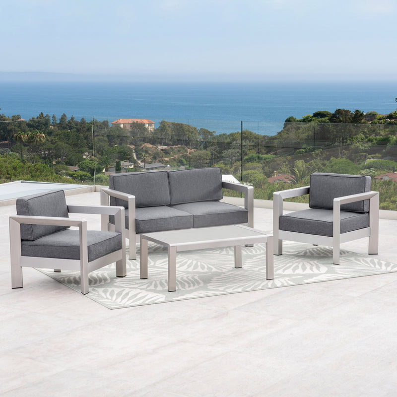 Outdoor 4-Seater Aluminum Chat Set with Tempered Glass-Topped Coffee Table, Silver and Gray - NH864603