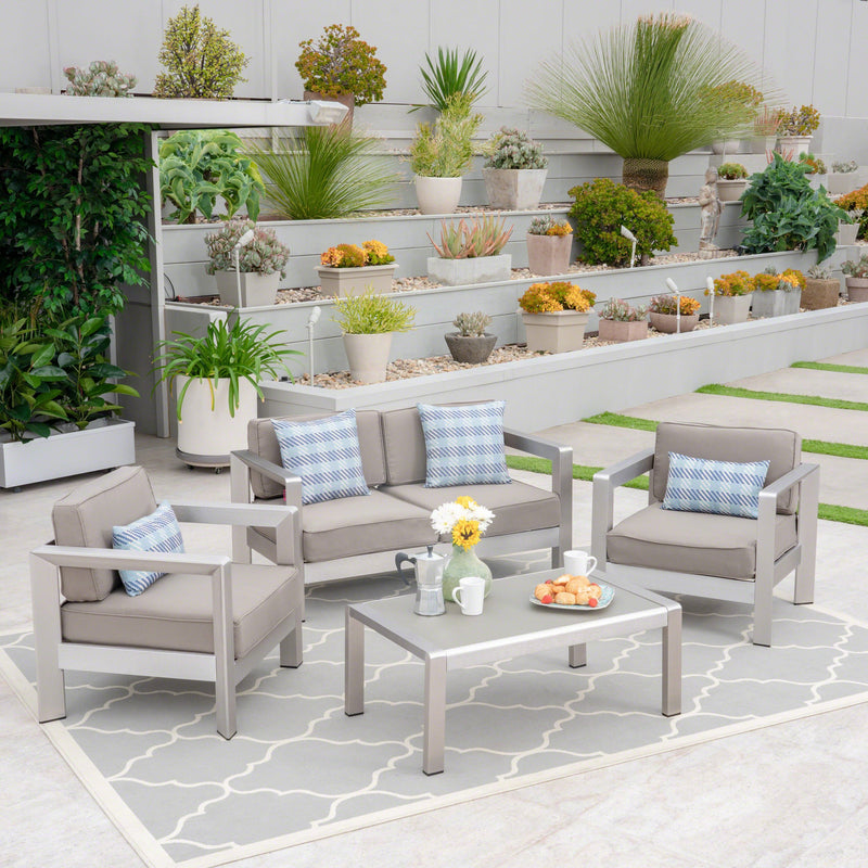 Outdoor 4-Seater Aluminum Chat Set with Tempered Glass-Topped Coffee Table - NH764603