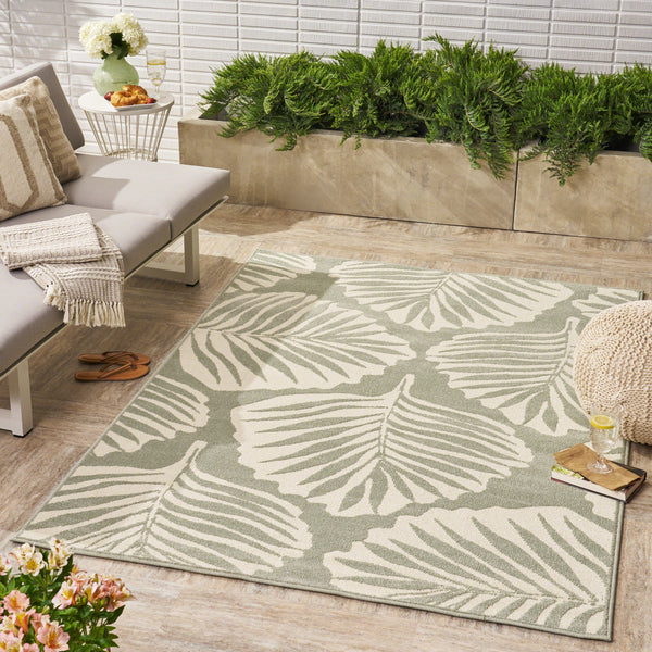 Outdoor Modern Frond Leaf Green And Ivory Rectangular Area Rug - NH929403