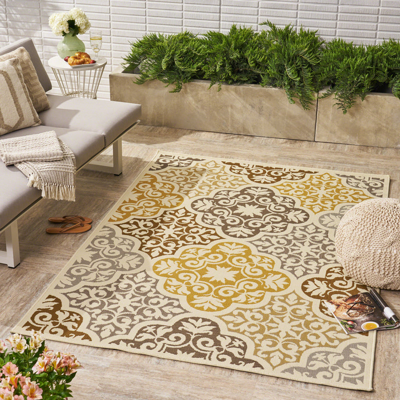 Outdoor Modern Oriental Quatrefoil Ivory and Gray Rectangular Area Rug - NH129403