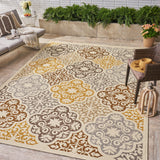 Outdoor Modern Oriental Quatrefoil Ivory and Gray Rectangular Area Rug - NH129403
