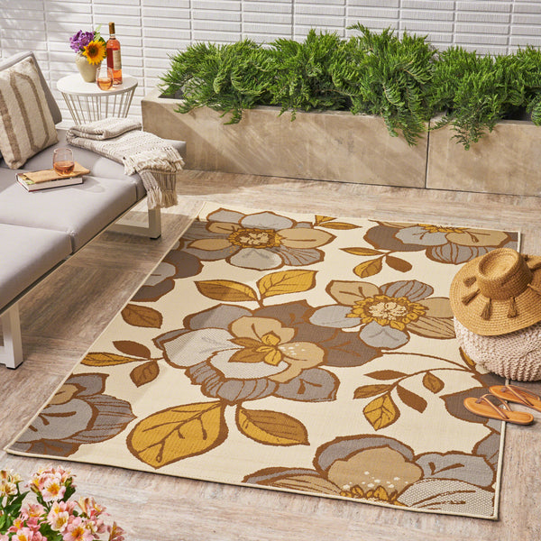 Outdoor Modern Floral Ivory and Gray Rectangular Area Rug - NH419403