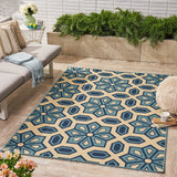 Outdoor Geometric Floral Ivory and Blue Rectangular Area Rug - NH329403