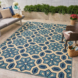 Outdoor Geometric Floral Ivory and Blue Rectangular Area Rug - NH329403
