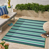 Outdoor Modern Striped Blue and Green Rectangular Area Rug - NH529403