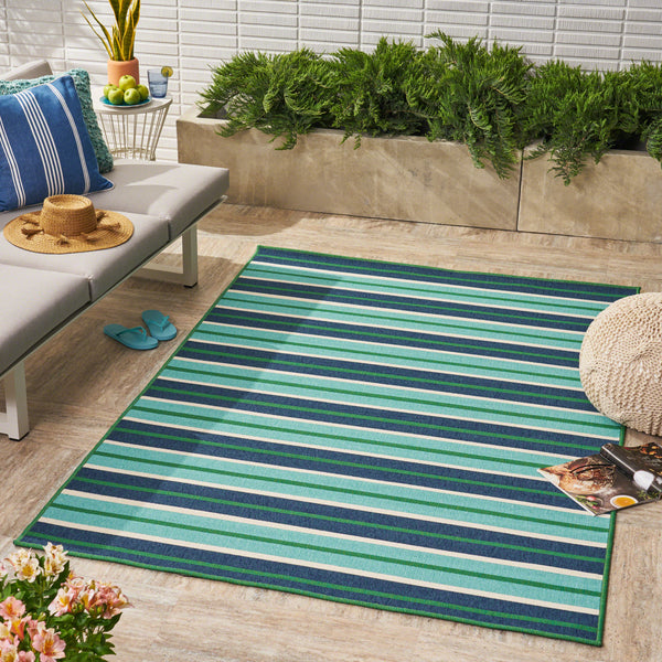 Outdoor Modern Striped Blue and Green Rectangular Area Rug - NH529403