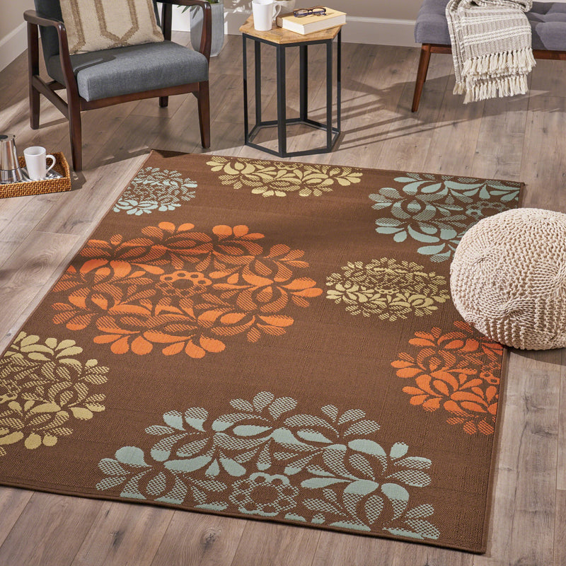 Indoor Floral Area Rug, Brown and Blue - NH816503