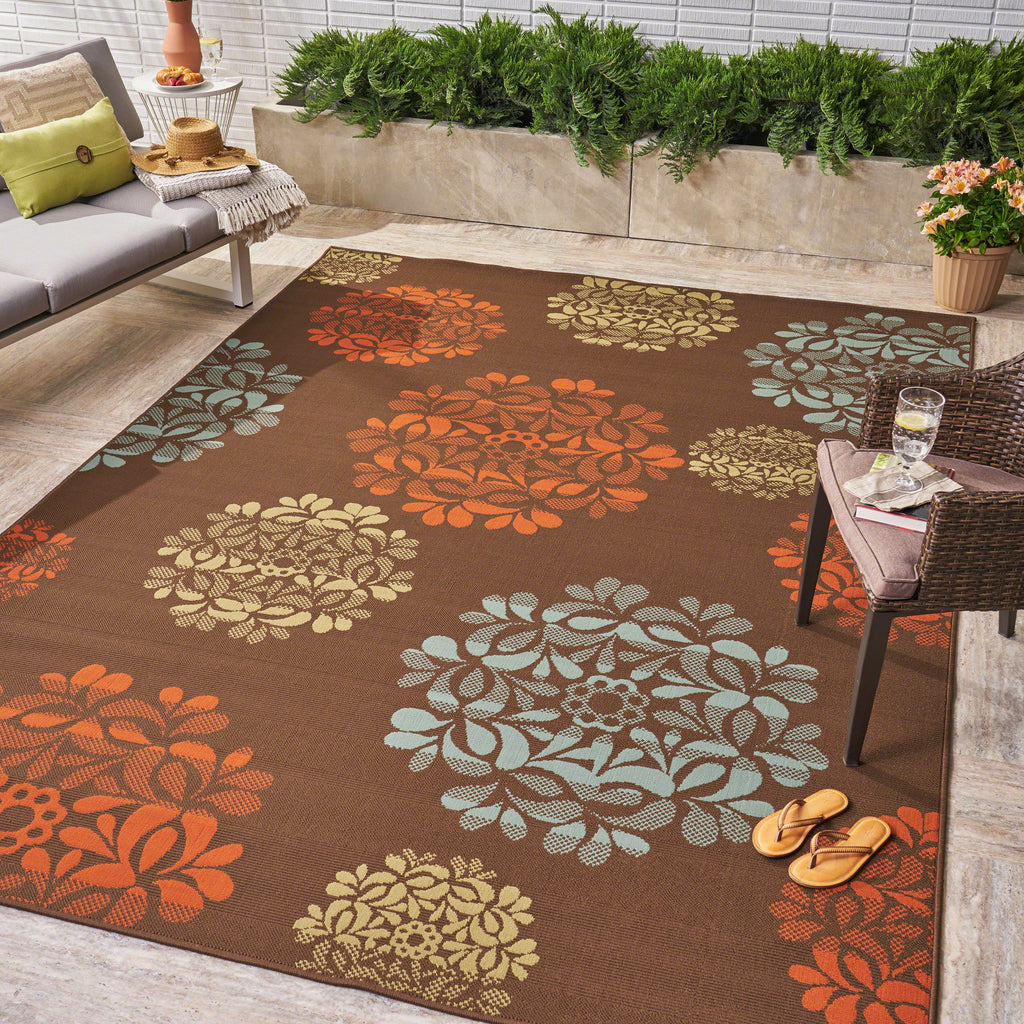 Outdoor Modern Brown Area Rug with Multi-Color Floral Print - NH009403 ...
