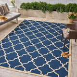 Outdoor Modern Navy Blue Area Rug with Ivory Quatrefoil Pattern - NH209403