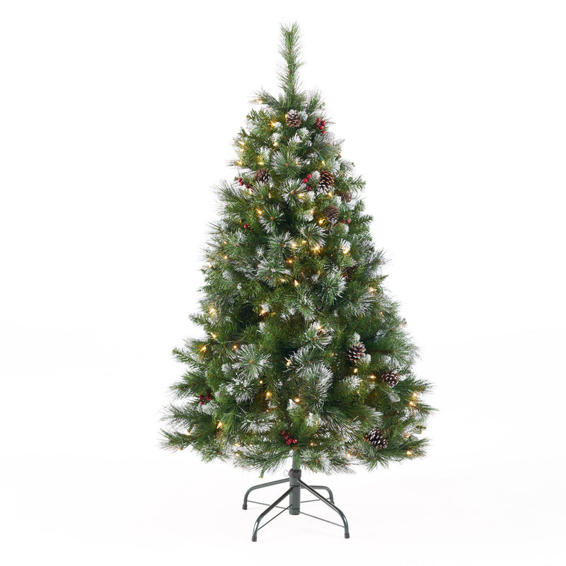 4.5-foot Mixed Spruce Hinged Artificial Christmas Tree with Glitter Branches, Red Berries, and Pinecones - NH573703