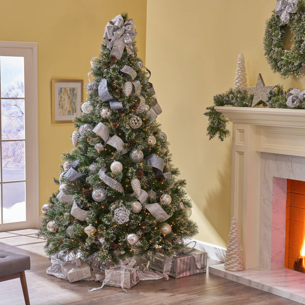 7.5-foot Cashmere Pine and Mixed Needles Hinged Artificial Christmas Tree with Snowy Branches and Pinecones - NH483703