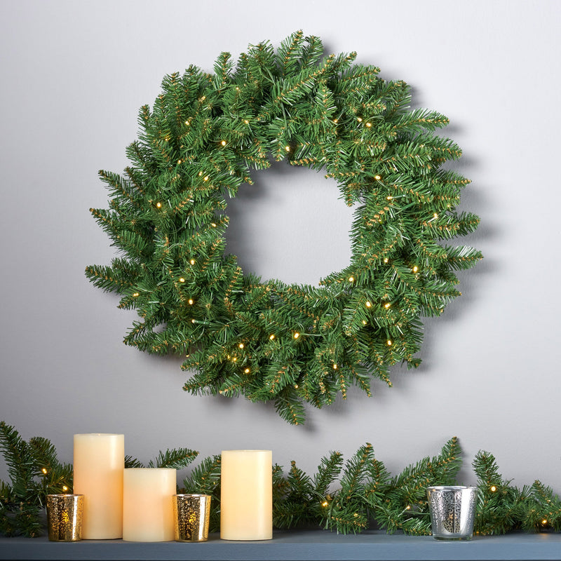 24-Inch Norway Spruce Pre-Lit Warm White LED Artificial Christmas Wreath - NH204703