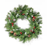 24" Mixed Spruce Warm White LED Artificial Christmas Wreath with Glitter Branches, Red Berries, Pinecones - NH593703