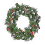 24" Mixed Spruce Warm White LED Artificial Christmas Wreath with Glitter Branches, Red Berries, Pinecones - NH593703
