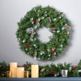 24" Mixed Spruce Pre-Lit Warm White LED Artificial Christmas Wreath with Frosted Branches, Red Berries and Pinecones - NH693703