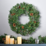 24" Cashmere Pine and Mixed Needles Warm White LED Artificial Christmas Wreath with Snowy Branches and Pinecones - NH893703