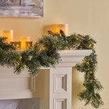 9-foot Cashmere Pine and Mixed Needle Pre-Lit Warm White LED Artificial Christmas Garland with Snow and Glitter Branches and Frosted Pinecones - NH393703