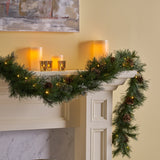 9-foot Mixed Spruce Pre-Lit Warm White LED Artificial Christmas Garland with Snowy Branches and Pinecones - NH493703
