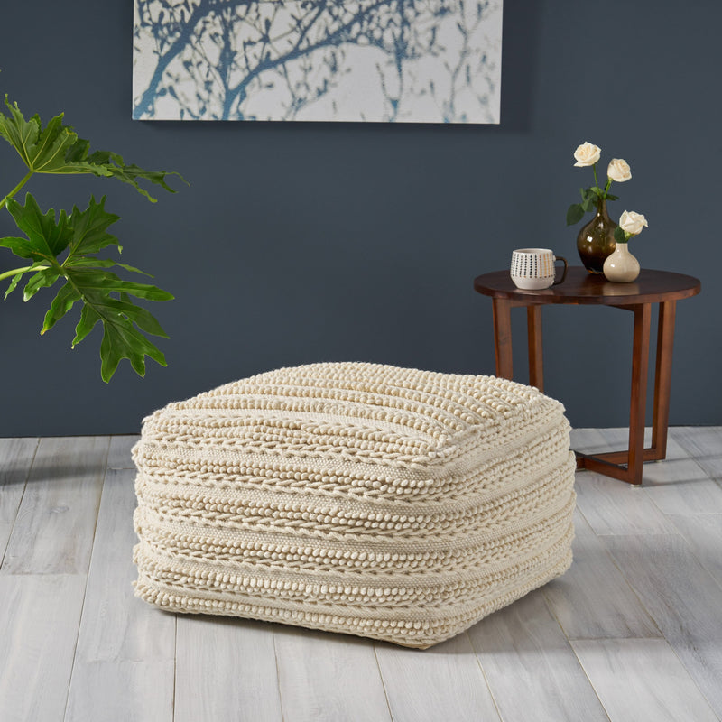 Large Square Casual Pouf, Modern, Contemporary, Ecru Wool and Cotton - NH636703