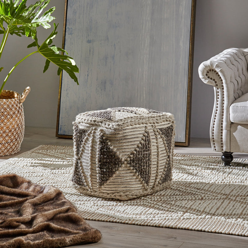 Cube Pouf, Boho, Gray and Ivory Wool and Cotton - NH426703