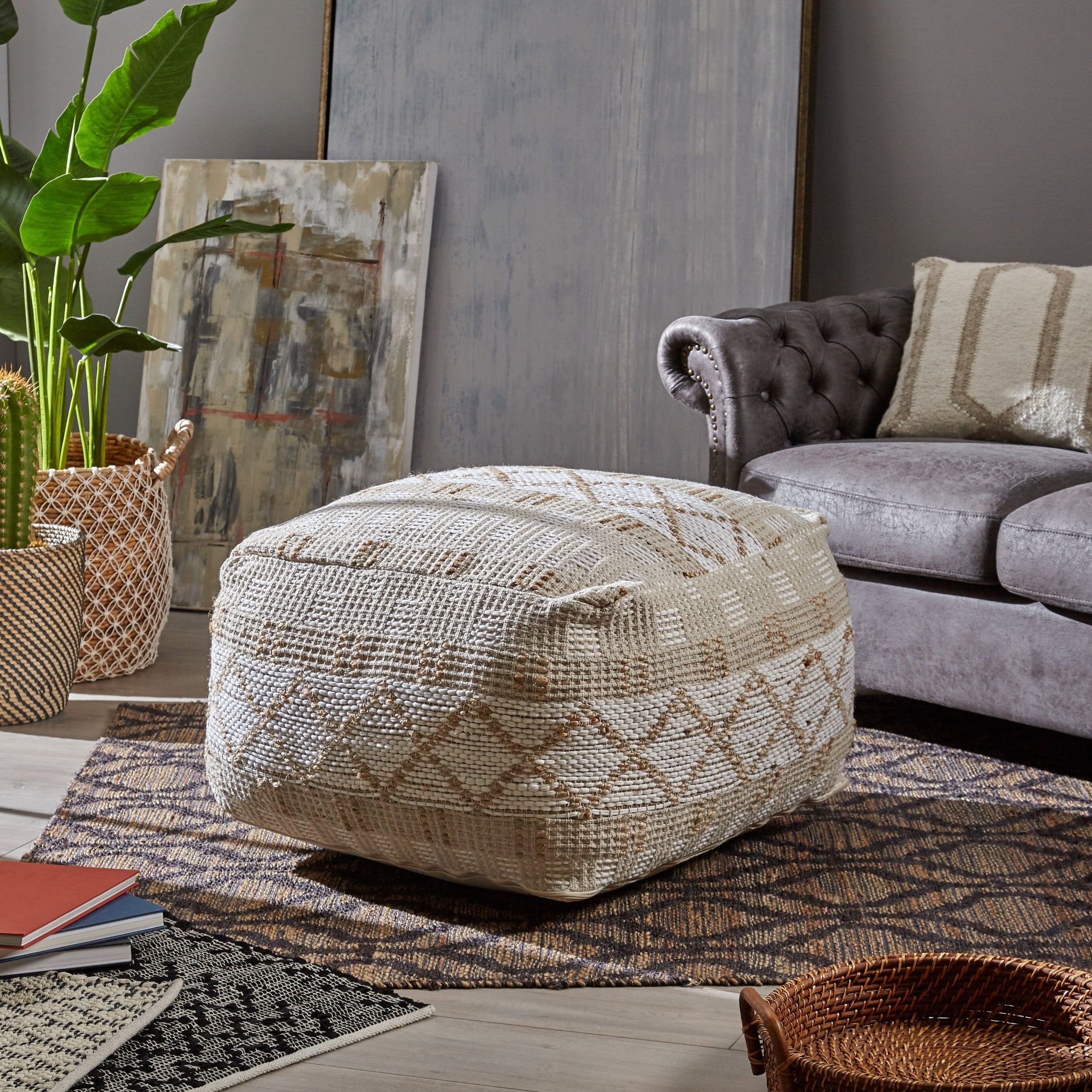 Large Square Casual Pouf, Boho, Ivory Chindi and Hemp