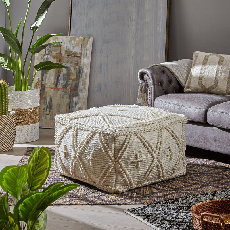 Large Square Casual Pouf, Boho, White Wool and Cotton - NH136703