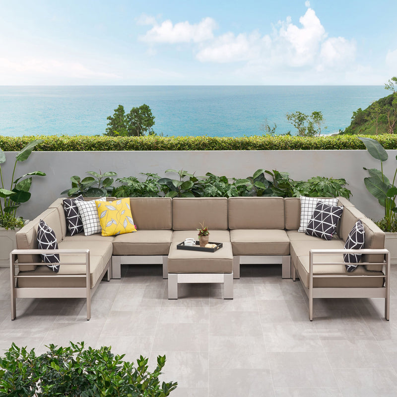 Outdoor Modern 9 Seater Aluminum U-Shaped Sofa Sectional Set with Ottoman, Silver and Khaki - NH868903