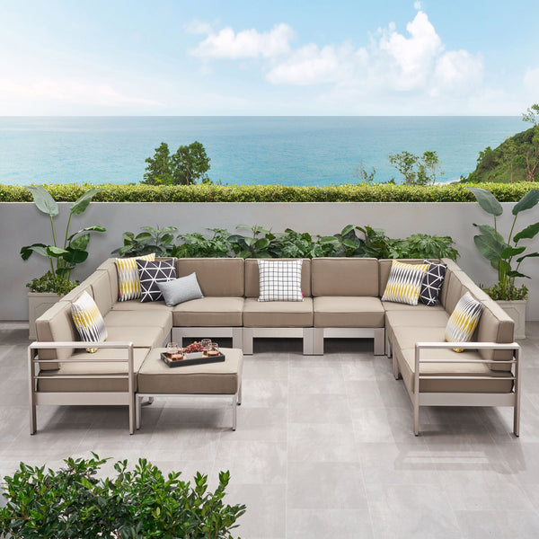 Outdoor 11 Seater Aluminum U-Shaped Sofa Sectional and Ottoman Set - NH568903