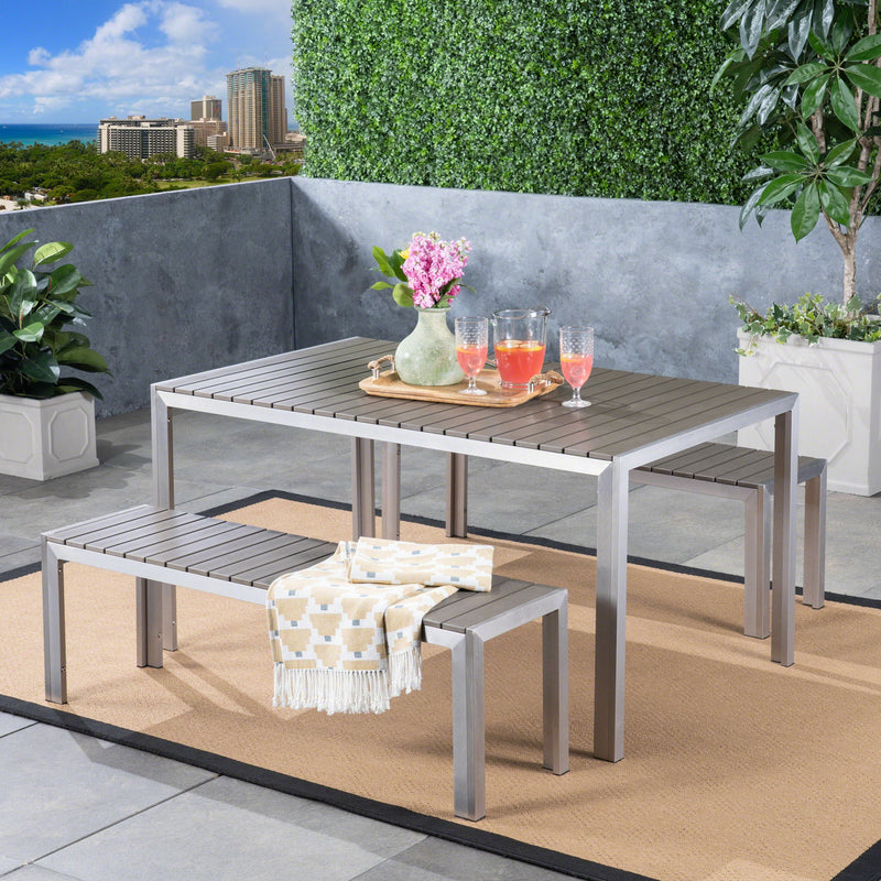 Outdoor Aluminum Picnic Set with Faux Wood Top, Silver and Natural - NH644603