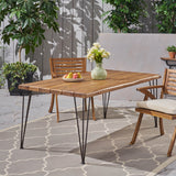 Patio Dining Table, Rectangular, 72", Acacia Wood Table Top, Rustic Iron Hairpin Legs, Teak Finish - NH984703