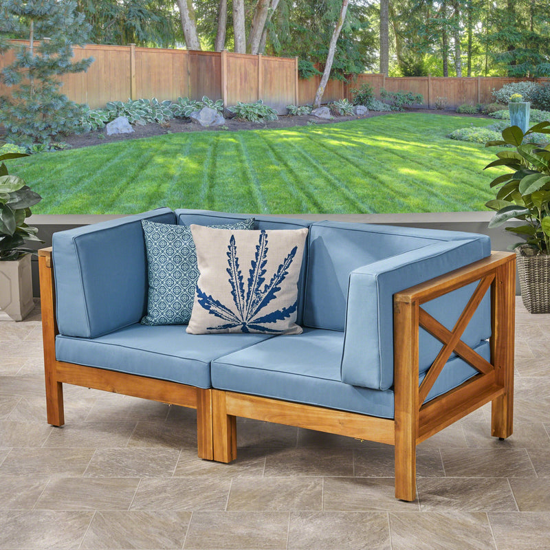 Outdoor Modular Acacia Wood Loveseat with Cushions - NH486603