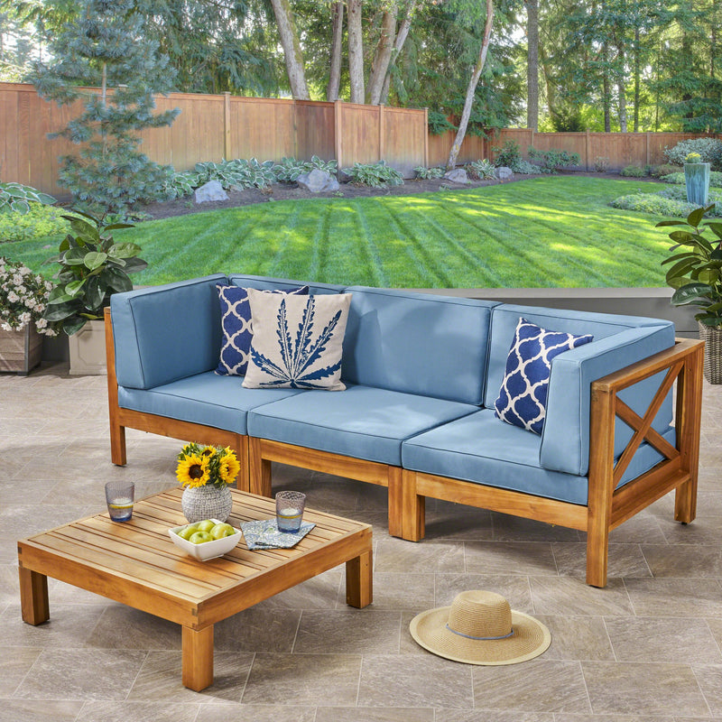 Outdoor Modular Acacia Wood Sofa and Coffee Table Set with Cushions - NH707603