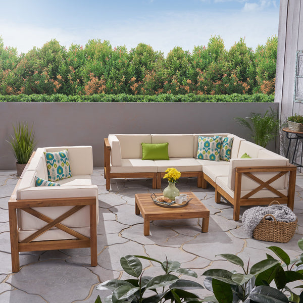 Outdoor Acacia Wood 8 Seater Sectional Sofa Set with Coffee Table - NH237603