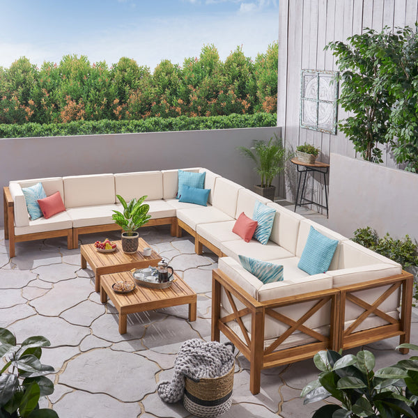 Outdoor Acacia Wood 10 Seater U-Shaped Sectional Sofa Set with Two Coffee Tables - NH267603