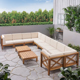 Outdoor Acacia Wood 10 Seater U-Shaped Sectional Sofa Set with Two Coffee Tables - NH267603