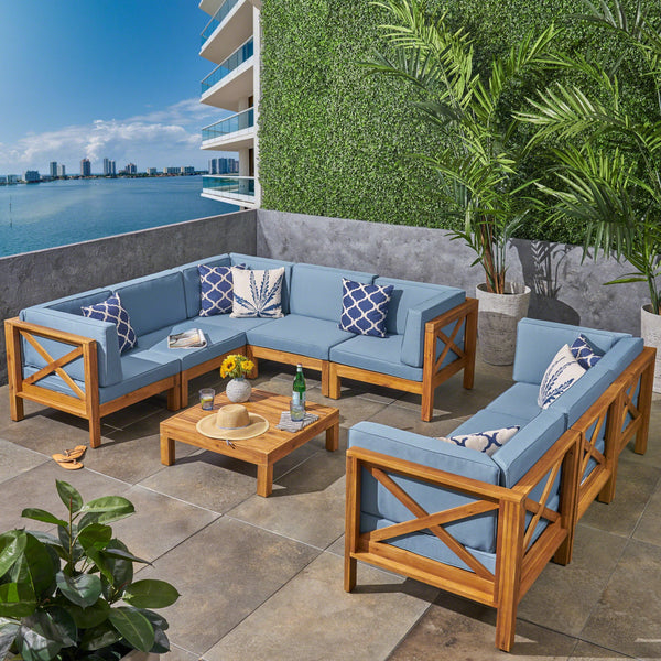 Outdoor Acacia Wood 8 Seater Sectional Sofa Set with Coffee Table, Teak, Blue - NH337603